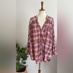 Free People Plaid Tunic Button Down Blouse XL
